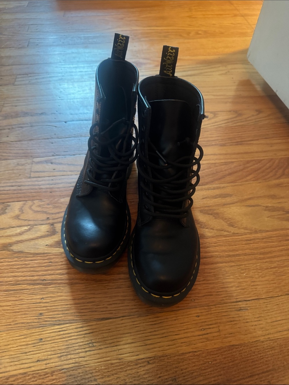 Dr. Martens Black Lace-Up (like new!) Leather Combat Boots with Yellow Stitching